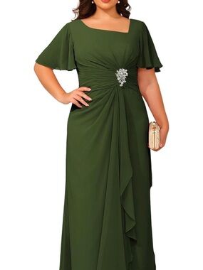 Plus Size Olive Green Evening Dress with Brooch Detail